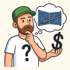 Mężczyzna rozważający koszt montażu automatyki do bramy dwuskrzydłowej