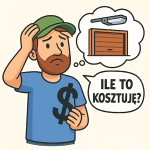 Zmartwiony mężczyzna rozważa koszt automatyki do bramy garażowej