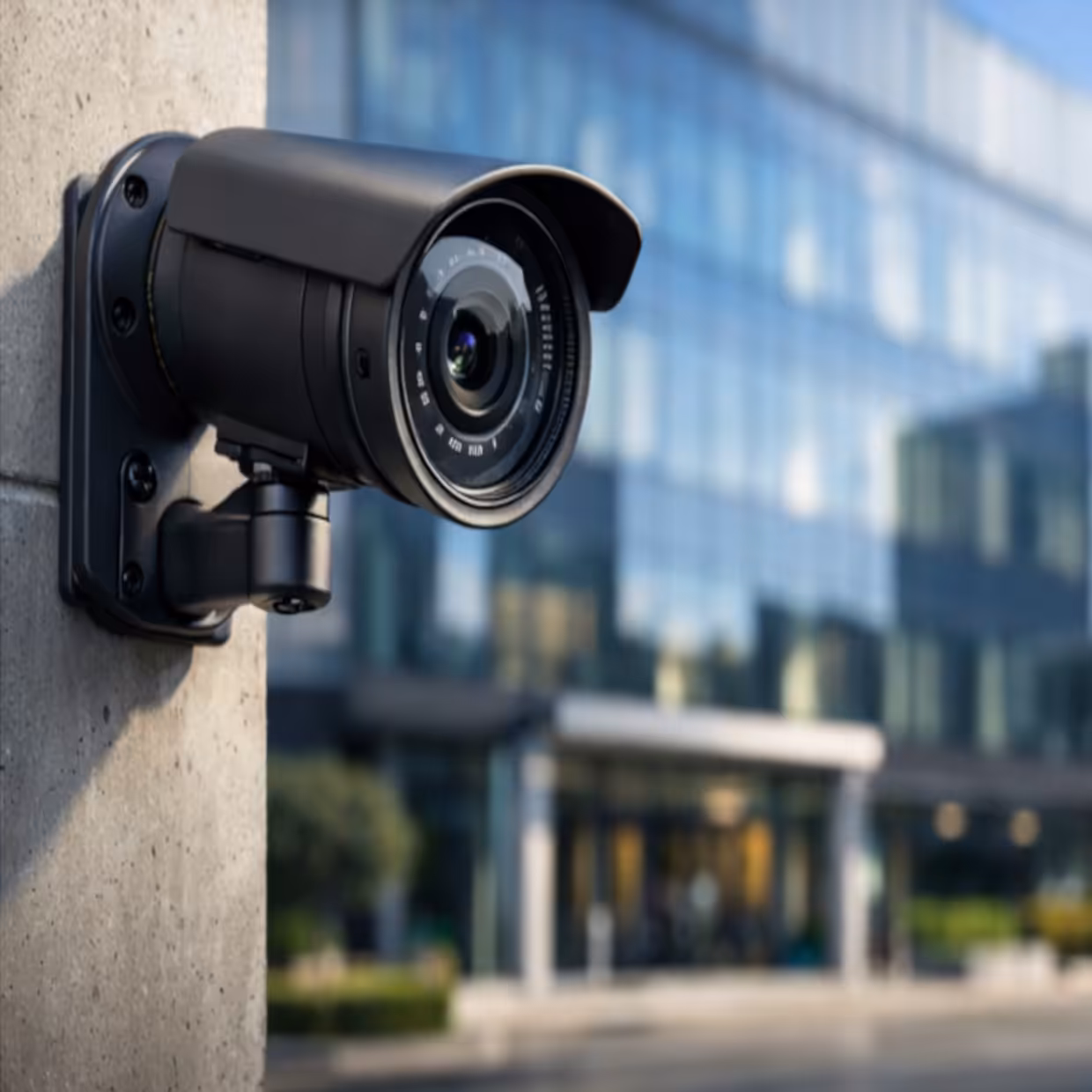 Monitoring firmy w Słupsku – kamera CCTV na elewacji nowoczesnego biurowca