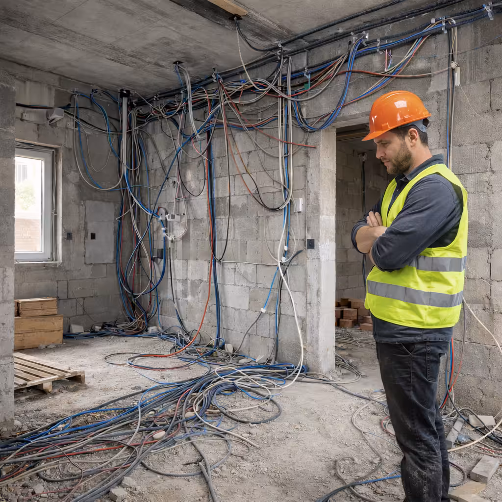 Chaotycznie wykonane okablowanie teletechniczne w budynku w stanie surowym – brak planu instalacji