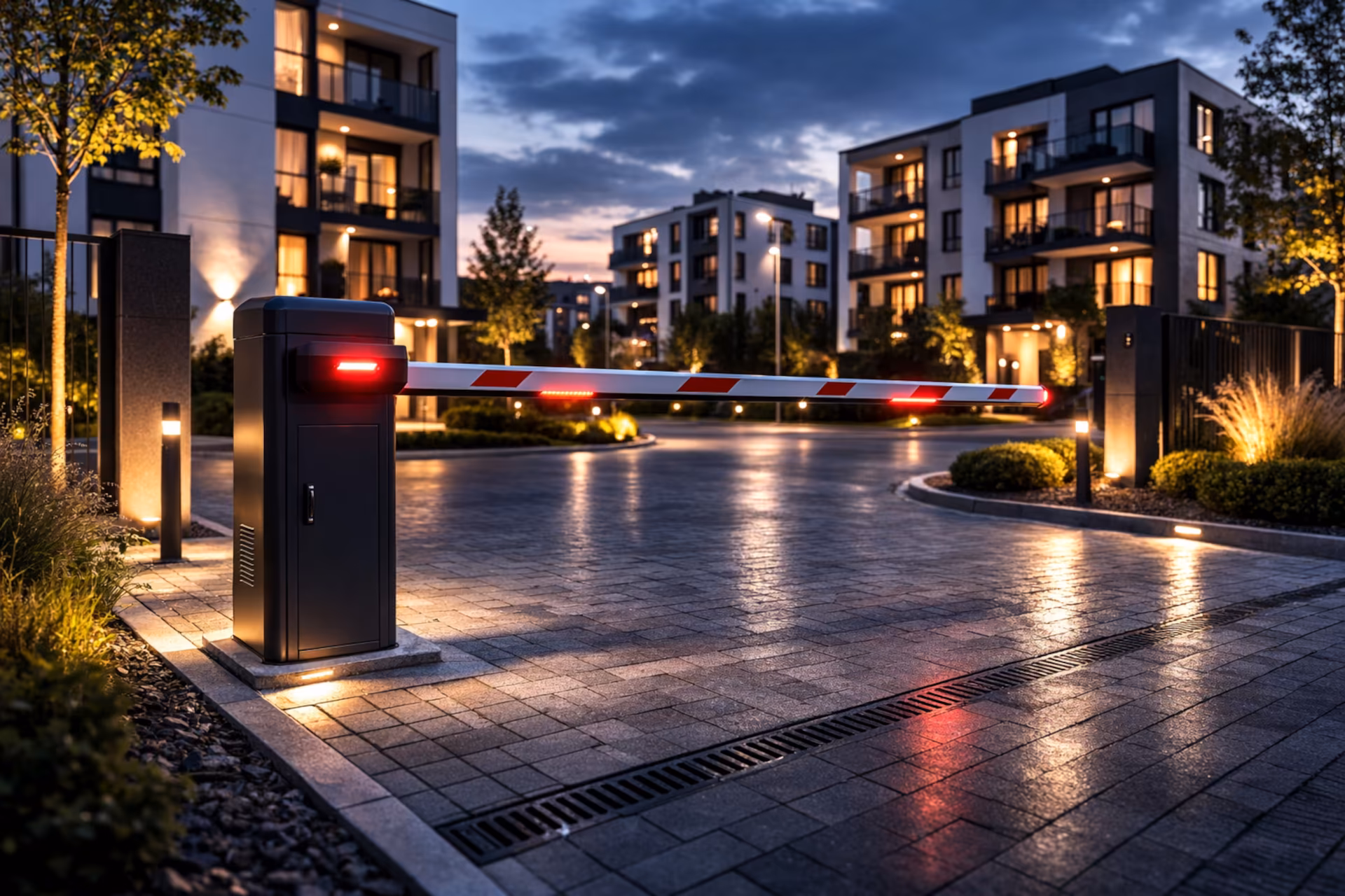 Szlaban automatyczny przy wjeździe na osiedle mieszkaniowe